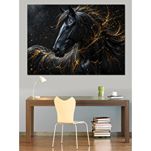 Siyah Parlayan Asil At Dekoratif Kanvas - Mdf Ahşap Tablo 70x100 cm