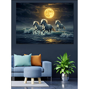 Dolunay Altında Koşan Atlar Dekoratif Kanvas - Mdf Ahşap Tablo