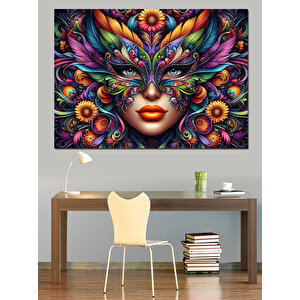 Maskeli Kadın Renkli Portre Dekoratif Kanvas - Mdf Ahşap Tablo 100x140 cm