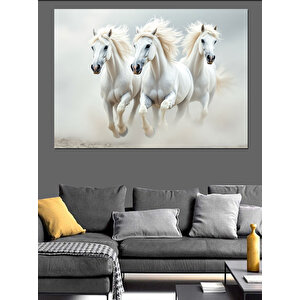 Koşan Beyaz Atlar Dekoratif Kanvas - Mdf Ahşap Tablo 70x100 cm