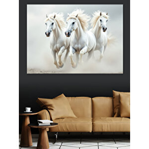 Koşan Beyaz Atlar Dekoratif Kanvas - Mdf Ahşap Tablo 70x100 cm