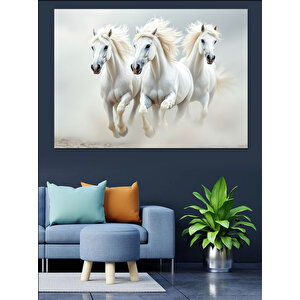 Koşan Beyaz Atlar Dekoratif Kanvas - Mdf Ahşap Tablo 70x100 cm