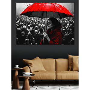 Kırmızı Şemsiye Kadın Dekoratif Kanvas - Mdf Ahşap Tablo 50x70 cm
