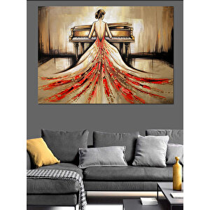 Piyano Çalan Kırmızı Elbise Dekoratif Kanvas - Mdf Ahşap Tablo 100x140 cm