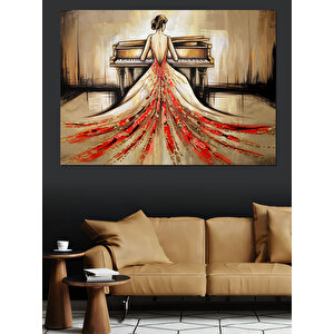 Piyano Çalan Kırmızı Elbise Dekoratif Kanvas - Mdf Ahşap Tablo 100x140 cm