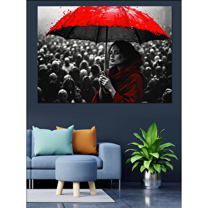 Kırmızı Şemsiye Kadın Dekoratif Kanvas - Mdf Ahşap Tablo