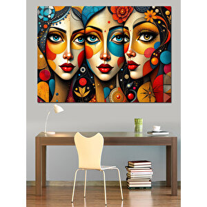 Renkli Maskeli Kadınlar Dekoratif Kanvas - Mdf Ahşap Tablo 35x50 cm