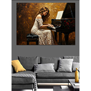 Piyanoda Beyaz Elbiseli Kadın Dekoratif Kanvas - Mdf Ahşap Tablo 35x50 cm