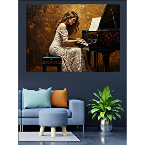 Piyanoda Beyaz Elbiseli Kadın Dekoratif Kanvas - Mdf Ahşap Tablo