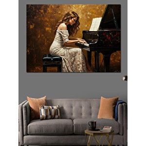 Piyanoda Beyaz Elbiseli Kadın Dekoratif Kanvas - Mdf Ahşap Tablo