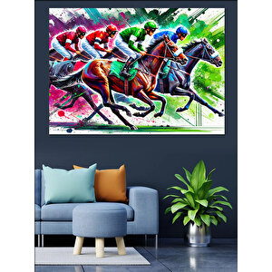Renkli At Yarışı Dekoratif Kanvas - Mdf Ahşap Tablo