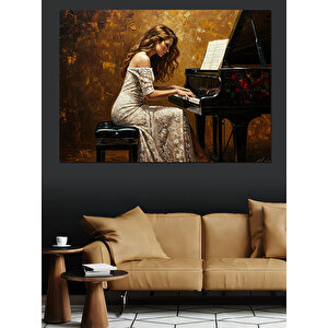 Piyanoda Beyaz Elbiseli Kadın Dekoratif Kanvas - Mdf Ahşap Tablo 70x100 cm