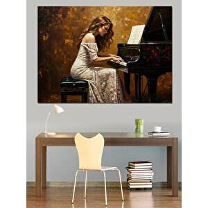 Piyanoda Beyaz Elbiseli Kadın Dekoratif Kanvas - Mdf Ahşap Tablo 50x70 cm