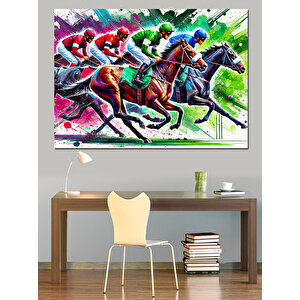 Renkli At Yarışı Dekoratif Kanvas - Mdf Ahşap Tablo 100x140 cm