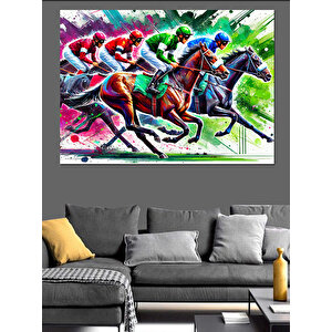 Renkli At Yarışı Dekoratif Kanvas - Mdf Ahşap Tablo 100x140 cm