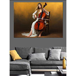 Çello Çalan Kadın Dekoratif Kanvas - Mdf Ahşap Tablo 25x35 cm