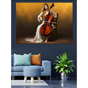 Çello Çalan Kadın Dekoratif Kanvas - Mdf Ahşap Tablo