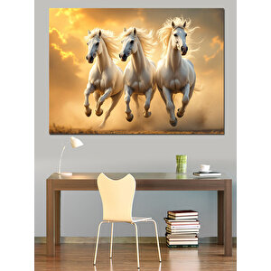 Koşan Üç Beyaz At Dekoratif Kanvas - Mdf Ahşap Tablo 50x70 cm