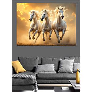 Koşan Üç Beyaz At Dekoratif Kanvas - Mdf Ahşap Tablo 50x70 cm