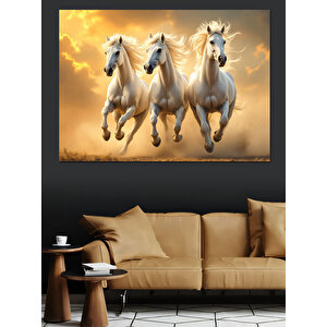 Koşan Üç Beyaz At Dekoratif Kanvas - Mdf Ahşap Tablo 35x50 cm