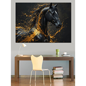 Simsiyah Parlayan Koşan At Dekoratif Kanvas - Mdf Ahşap Tablo