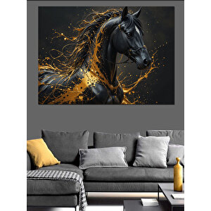 Simsiyah Parlayan Koşan At Dekoratif Kanvas - Mdf Ahşap Tablo