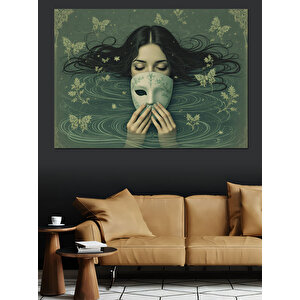 Maske Tutan Siyah Saçlı Kadın Dekoratif Kanvas - Mdf Ahşap Tablo 100x140 cm