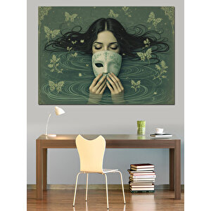 Maske Tutan Siyah Saçlı Kadın Dekoratif Kanvas - Mdf Ahşap Tablo