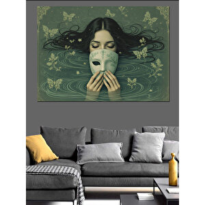 Maske Tutan Siyah Saçlı Kadın Dekoratif Kanvas - Mdf Ahşap Tablo