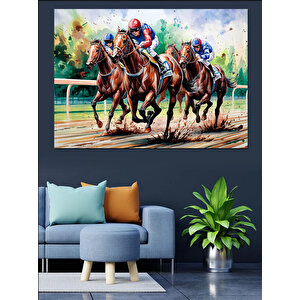 At Yarışında Hızlı Jokeyler Dekoratif Kanvas - Mdf Ahşap Tablo 50x70 cm
