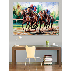 At Yarışında Hızlı Jokeyler Dekoratif Kanvas - Mdf Ahşap Tablo 50x70 cm