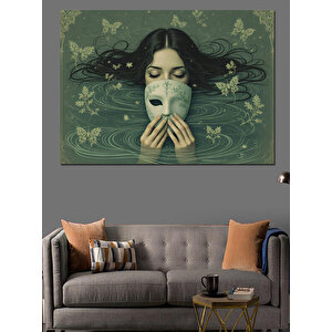 Maske Tutan Siyah Saçlı Kadın Dekoratif Kanvas - Mdf Ahşap Tablo 50x70 cm