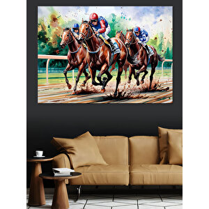 At Yarışında Hızlı Jokeyler Dekoratif Kanvas - Mdf Ahşap Tablo