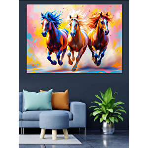 Renkli Koşan Atlar Dekoratif Kanvas - Mdf Ahşap Tablo 50x70 cm