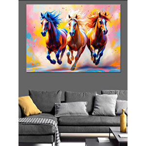 Renkli Koşan Atlar Dekoratif Kanvas - Mdf Ahşap Tablo