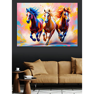 Renkli Koşan Atlar Dekoratif Kanvas - Mdf Ahşap Tablo 70x100 cm