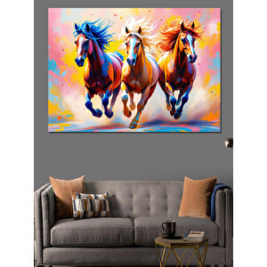 Renkli Koşan Atlar Dekoratif Kanvas - Mdf Ahşap Tablo 70x100 cm