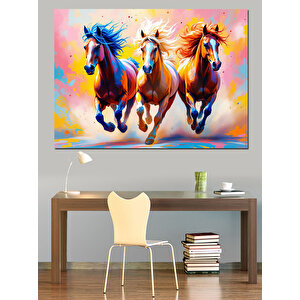 Renkli Koşan Atlar Dekoratif Kanvas - Mdf Ahşap Tablo