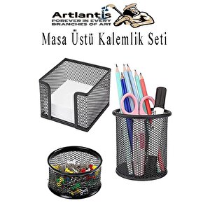Masa Üstü Siyah Fileli Kalemlik Seti 3 Parça 1 Paket 3 Lü Masa Üstü Düzenleyici Kalemlik Küp Notluk Ataşlık