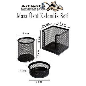 Masa Üstü Siyah Fileli Kalemlik Seti 3 Parça 1 Paket 3 Lü Masa Üstü Düzenleyici Kalemlik Küp Notluk Ataşlık
