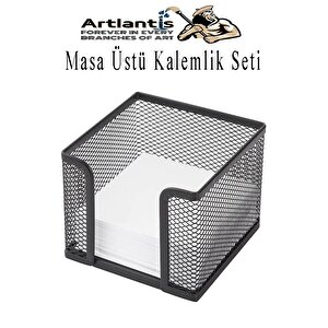 Masa Üstü Siyah Fileli Kalemlik Seti 3 Parça 1 Paket 3 Lü Masa Üstü Düzenleyici Kalemlik Küp Notluk Ataşlık