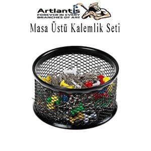 Masa Üstü Siyah Fileli Kalemlik Seti 3 Parça 1 Paket 3 Lü Masa Üstü Düzenleyici Kalemlik Küp Notluk Ataşlık