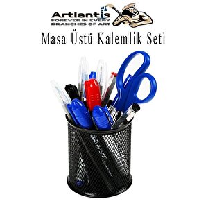 Masa Üstü Siyah Fileli Kalemlik Seti 3 Parça 1 Paket 3 Lü Masa Üstü Düzenleyici Kalemlik Küp Notluk Ataşlık
