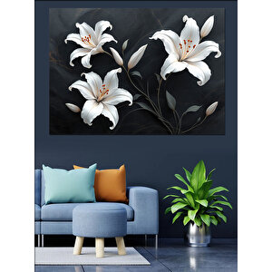 Siyah Arkaplanlı Beyaz Zambaklar Dekoratif Kanvas - Mdf Ahşap Tablo 70x100 cm