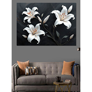 Siyah Arkaplanlı Beyaz Zambaklar Dekoratif Kanvas - Mdf Ahşap Tablo 70x100 cm