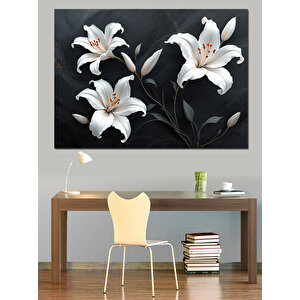 Siyah Arkaplanlı Beyaz Zambaklar Dekoratif Kanvas - Mdf Ahşap Tablo 70x100 cm