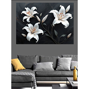 Siyah Arkaplanlı Beyaz Zambaklar Dekoratif Kanvas - Mdf Ahşap Tablo