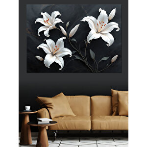 Siyah Arkaplanlı Beyaz Zambaklar Dekoratif Kanvas - Mdf Ahşap Tablo