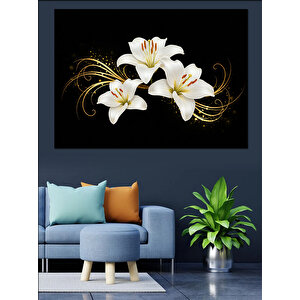 Siyah Zemin Üzerinde Zambaklar Dekoratif Kanvas - Mdf Ahşap Tablo