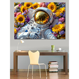 Ayçiçekli Uzay Astronot Kafası Dekoratif Kanvas - Mdf Ahşap Tablo 50x70 cm